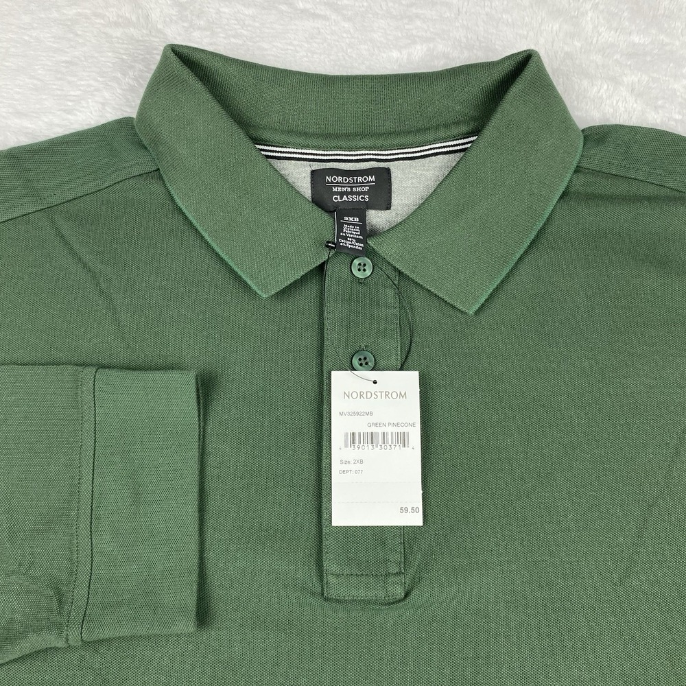 Nordstrom Classics Men's 2XB Green Pinecone Long Sleeve Polo Shirt Stretch NWT